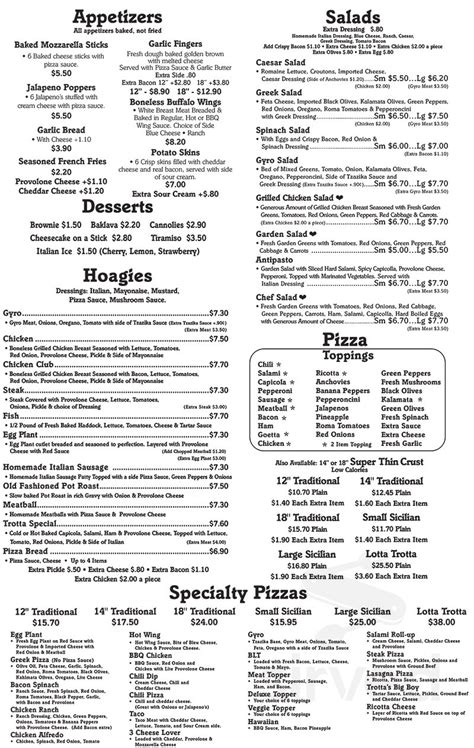 The menu includes and menu. . Trottas pizza cincinnati menu